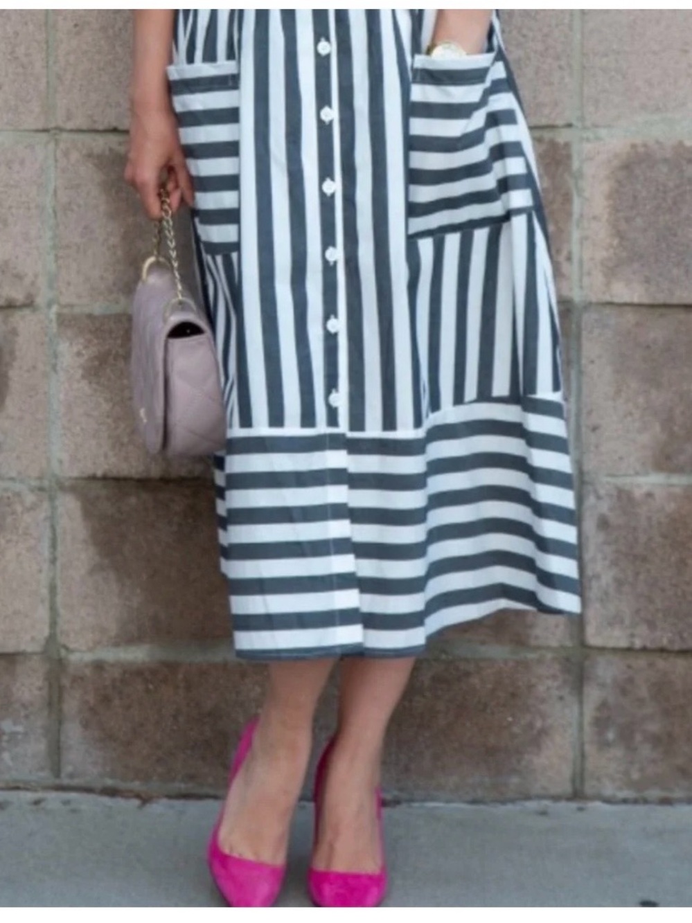 Charcoal Grey and White Striped Button-Front Midi Skirt